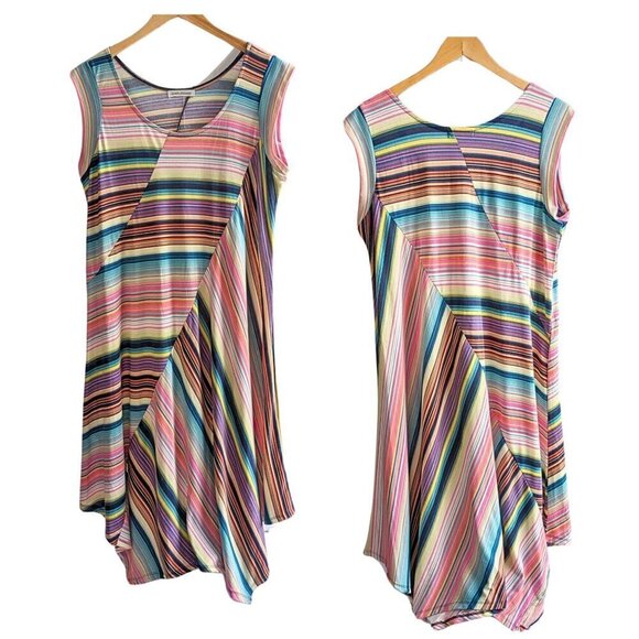 Vintage Y2K JOHNPAULRICHARD Patchwork Asymmetrical Striped Midi Dress Size 16/XL - Picture 1 of 7